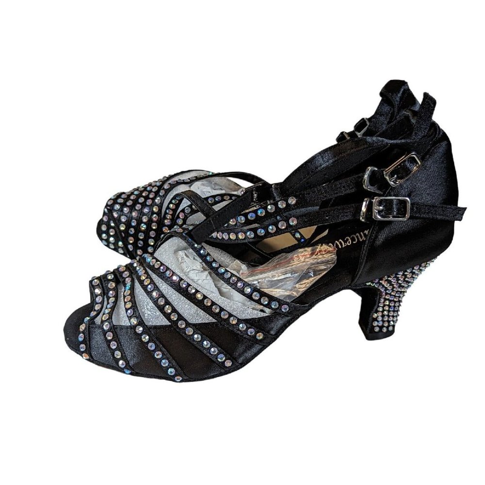 Women's Dance Shoes Salsa Latin Bachata Black Satin Rhinestone TT Dancewear